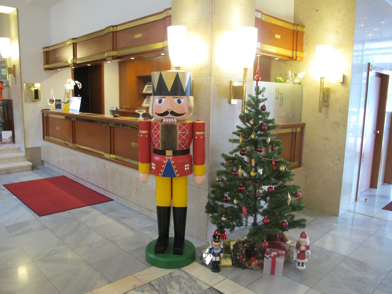 life-sized nutcracker in hotel lobby